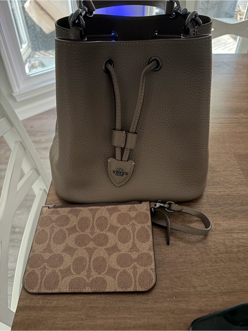 Coach Taupe Pebbled Leather Drawstring Bucket Bag with Signature Canvas Wristlet